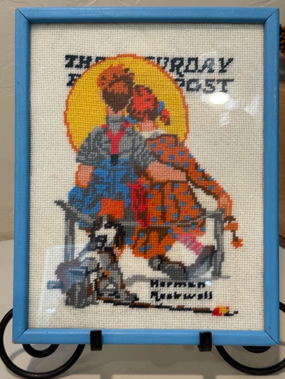 Framed Needlepoint Couple Wall Art - Blue Frame, Norman Rockwell Needlepoint
